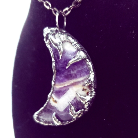 Chevron amethyst moon crystal necklace handmade gothic fantasy metalwork - Picture 4 of 16